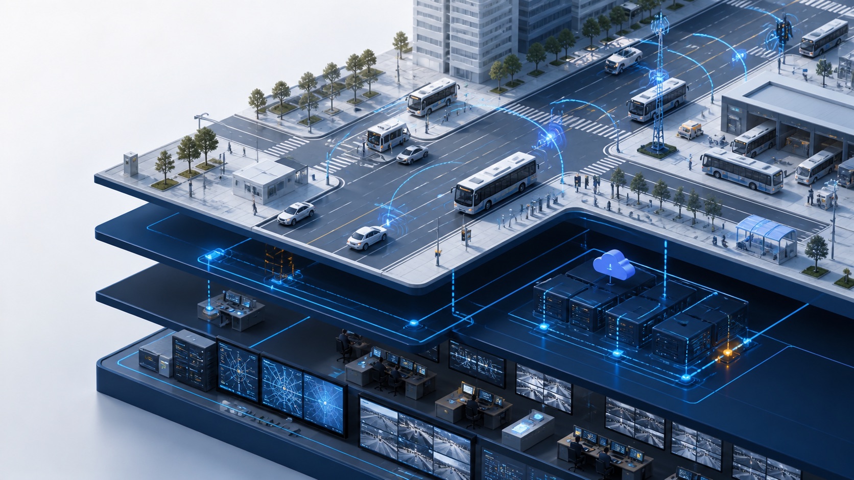 A layered illustration of connected buses, roadside communications, platform infrastructure and a transport operations centre.