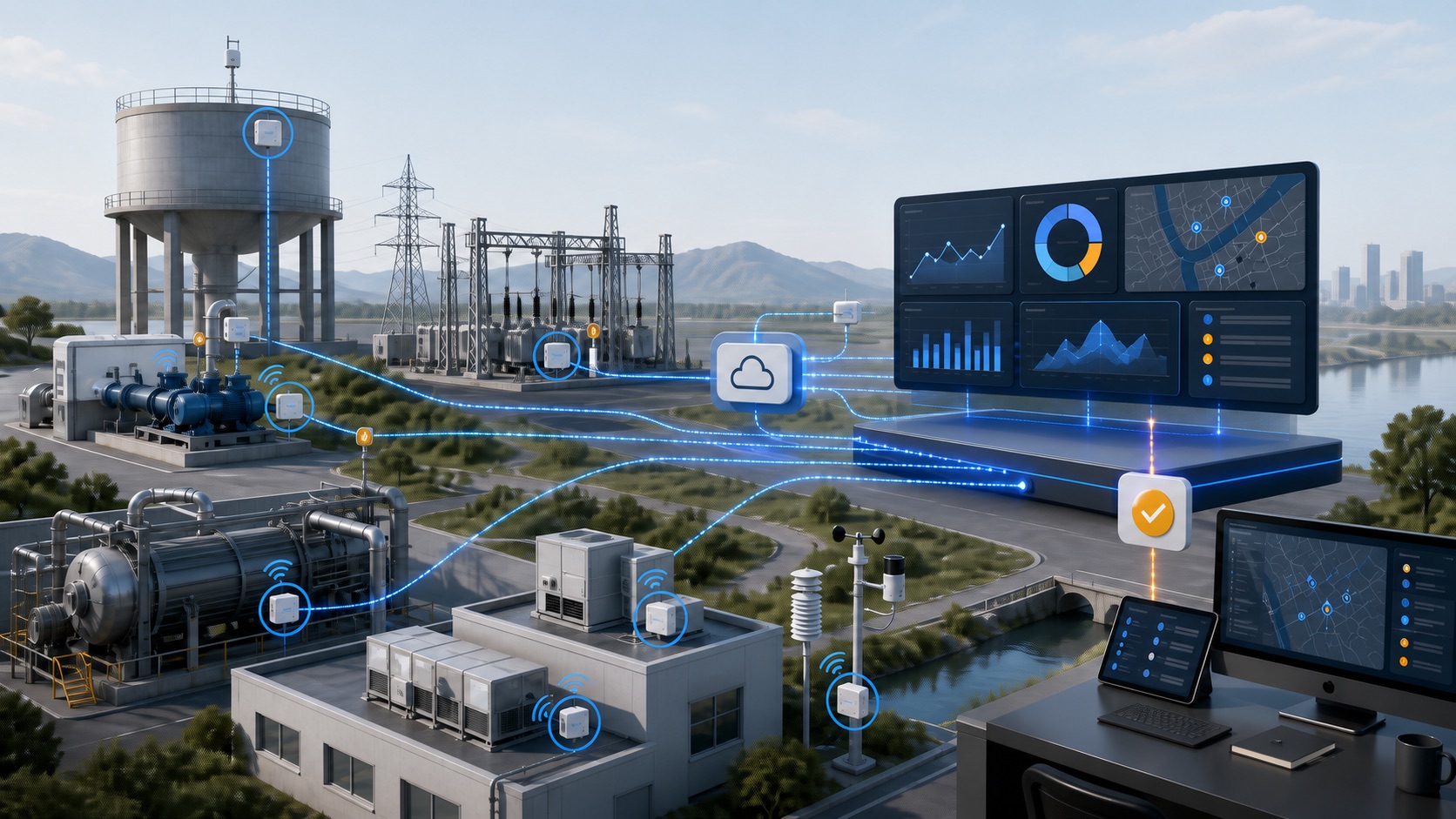 An illustration of water, power, industrial and environmental assets connected through sensors to a central monitoring platform.