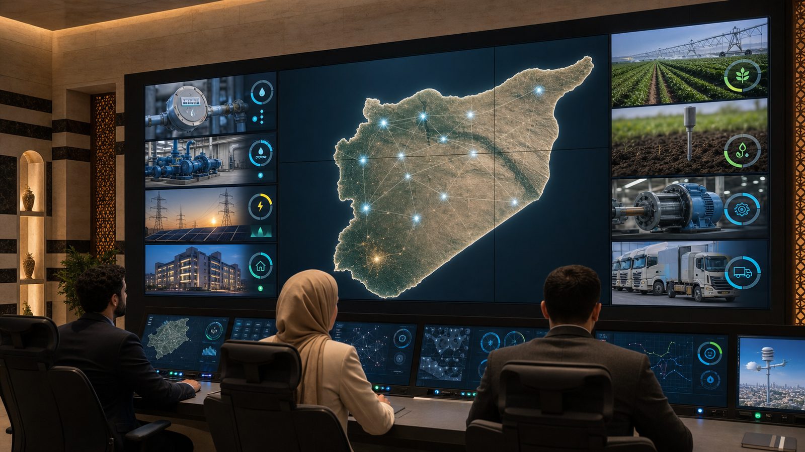An operations centre video wall showing a map of Syria with connected sites, ringed by monitoring panels, with three people at a console in front of it.