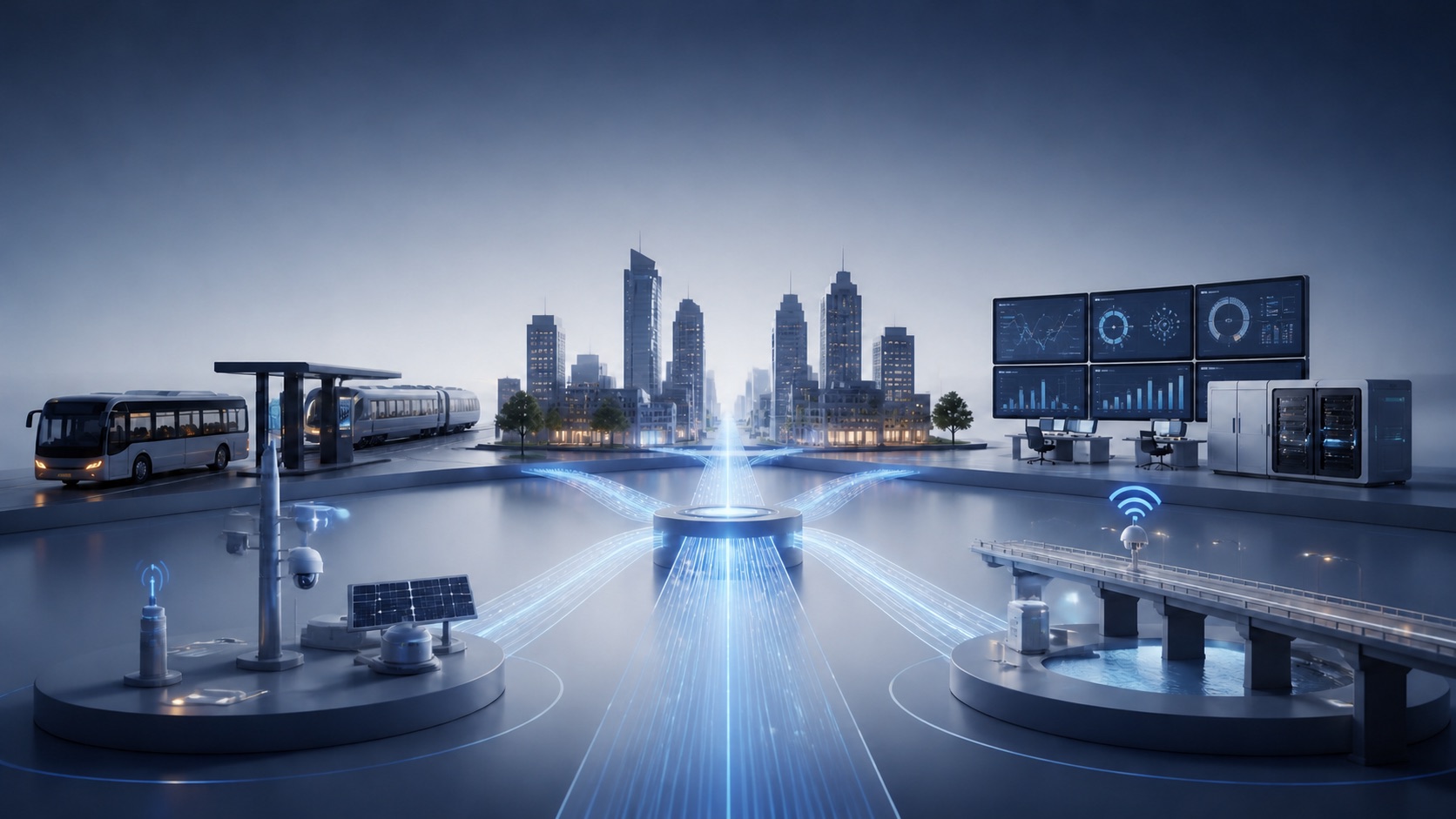 An illustration connecting public transport, city infrastructure, sensors, data systems and an operations environment through a central data hub.