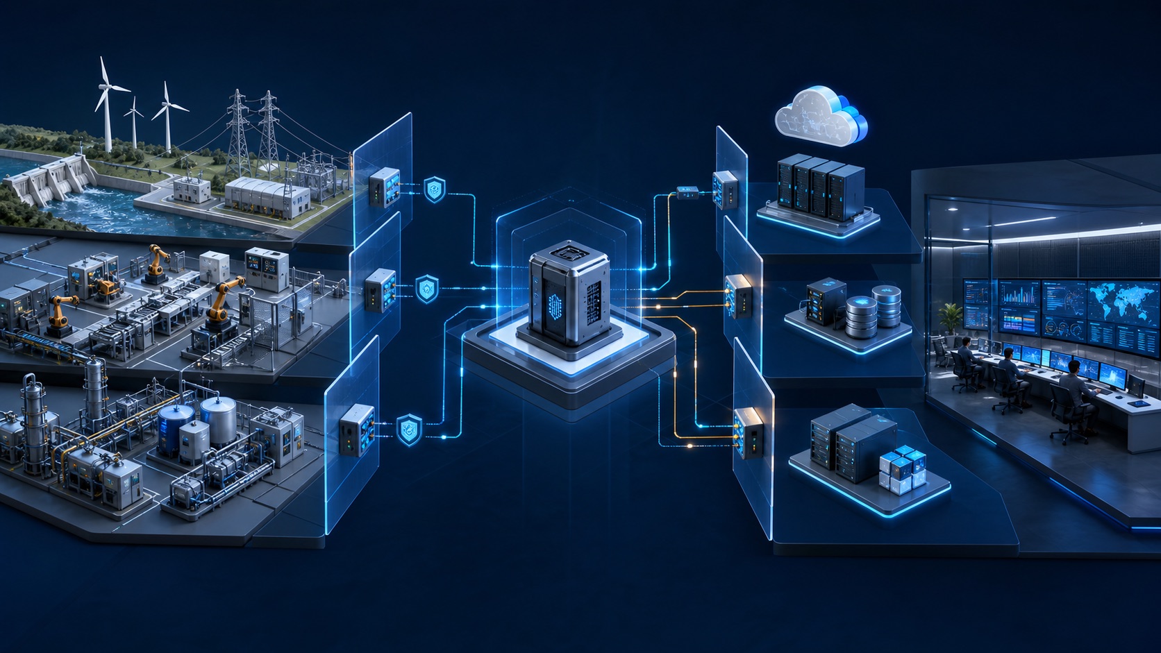 An illustration of utility and industrial systems separated into protected network zones and connected to a monitored operations environment.