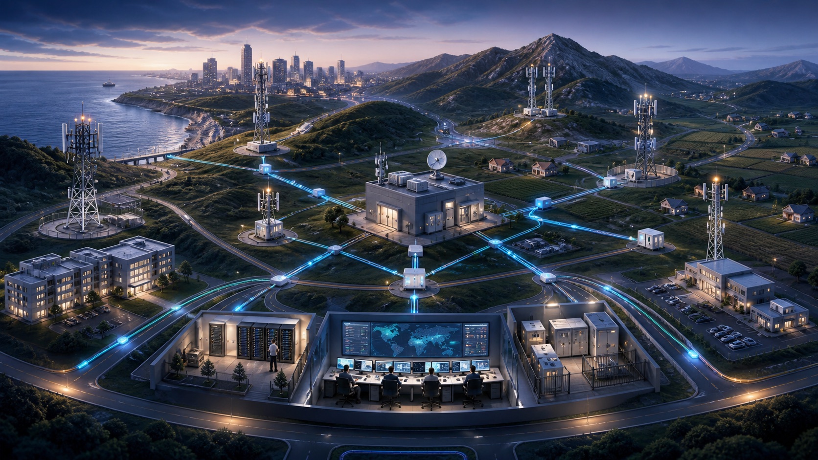 An illustration of cellular towers, fibre routes, network facilities and an operations centre connected across urban and rural terrain.